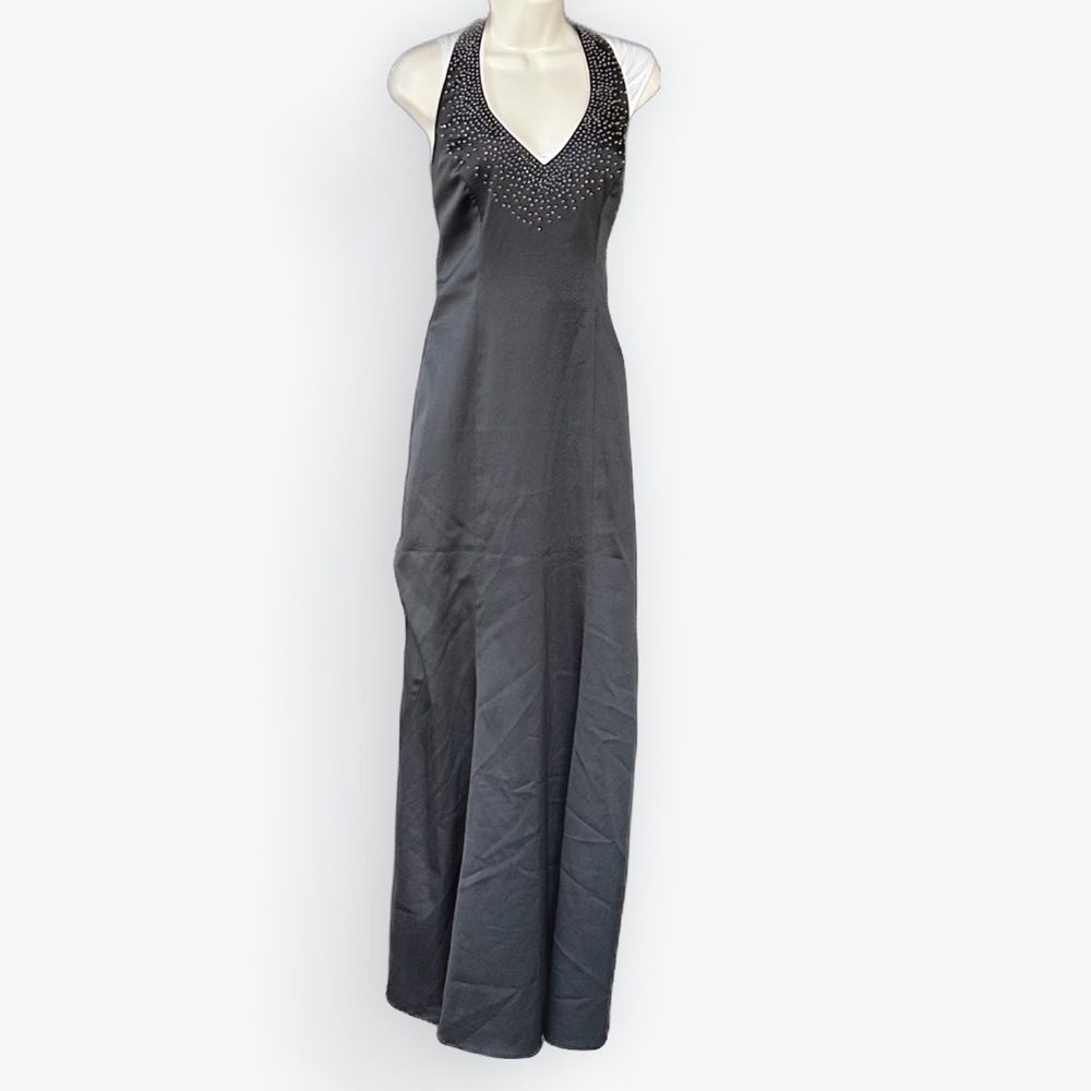 Backless Satin Sparkly Crystal Beaded Night Out Black Formal Halter Gown ~ 13/14